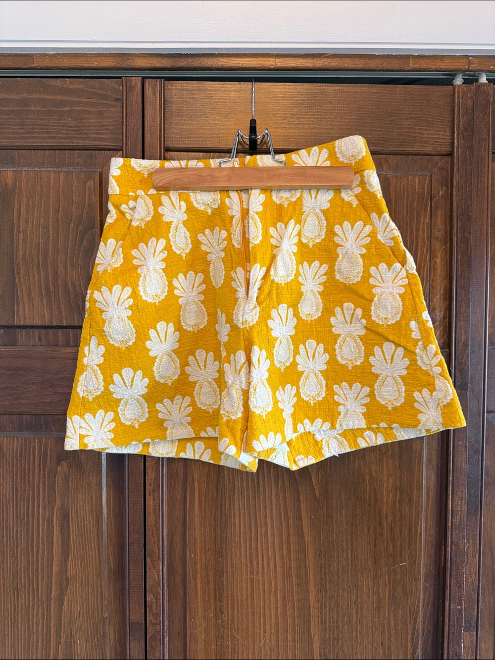 LA DoubleJ Yellow and White Pineapple Jacquard High-Waist Shorts